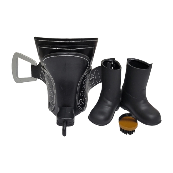 Battat Doll Toy Horse Riding Saddle With Stirrups- Blk Slv, Blk Boots, & Brush - Picture 1 of 12